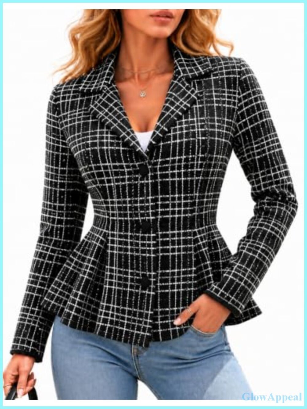 Plaid Peplum Sweater Blazer Button Cardigan Jacket Notched Lapel Business Casual